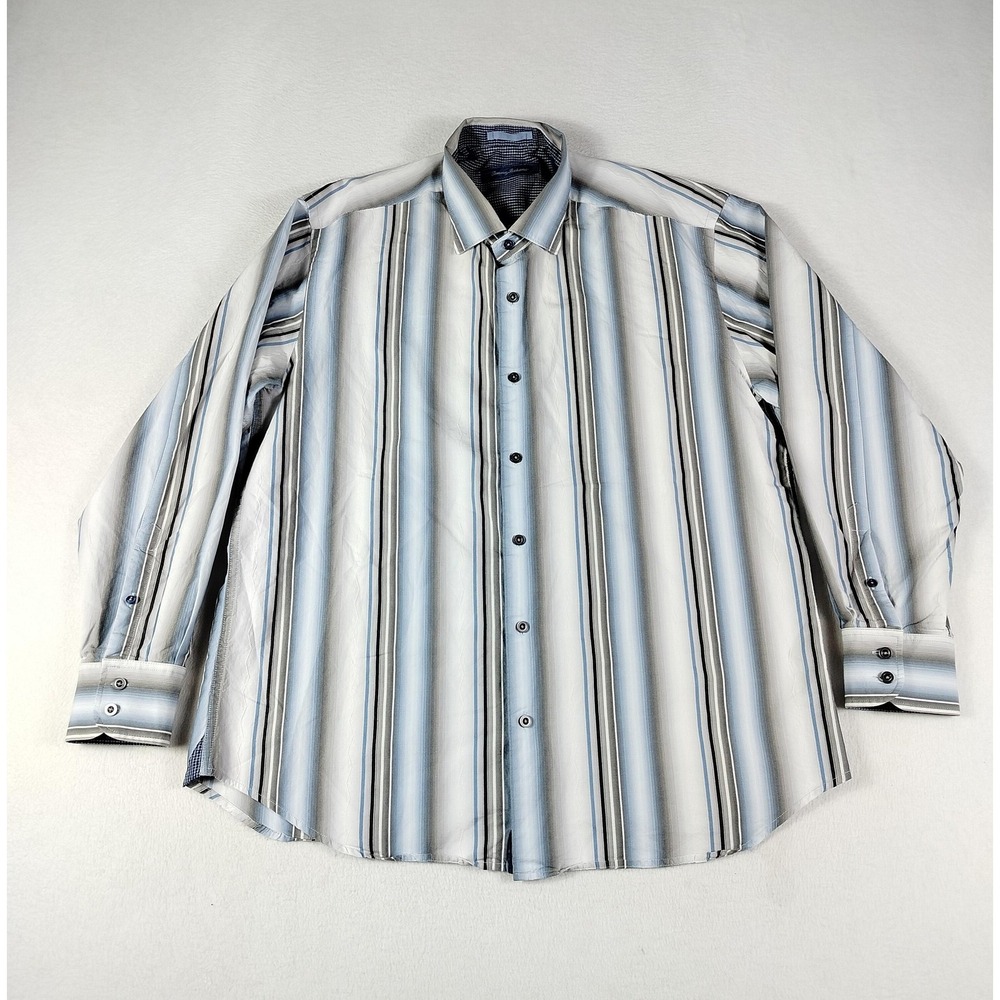 Tommy Bahama Shirt Mens Large Blue Gray White Stripe Silk Cotton Button Up Dress